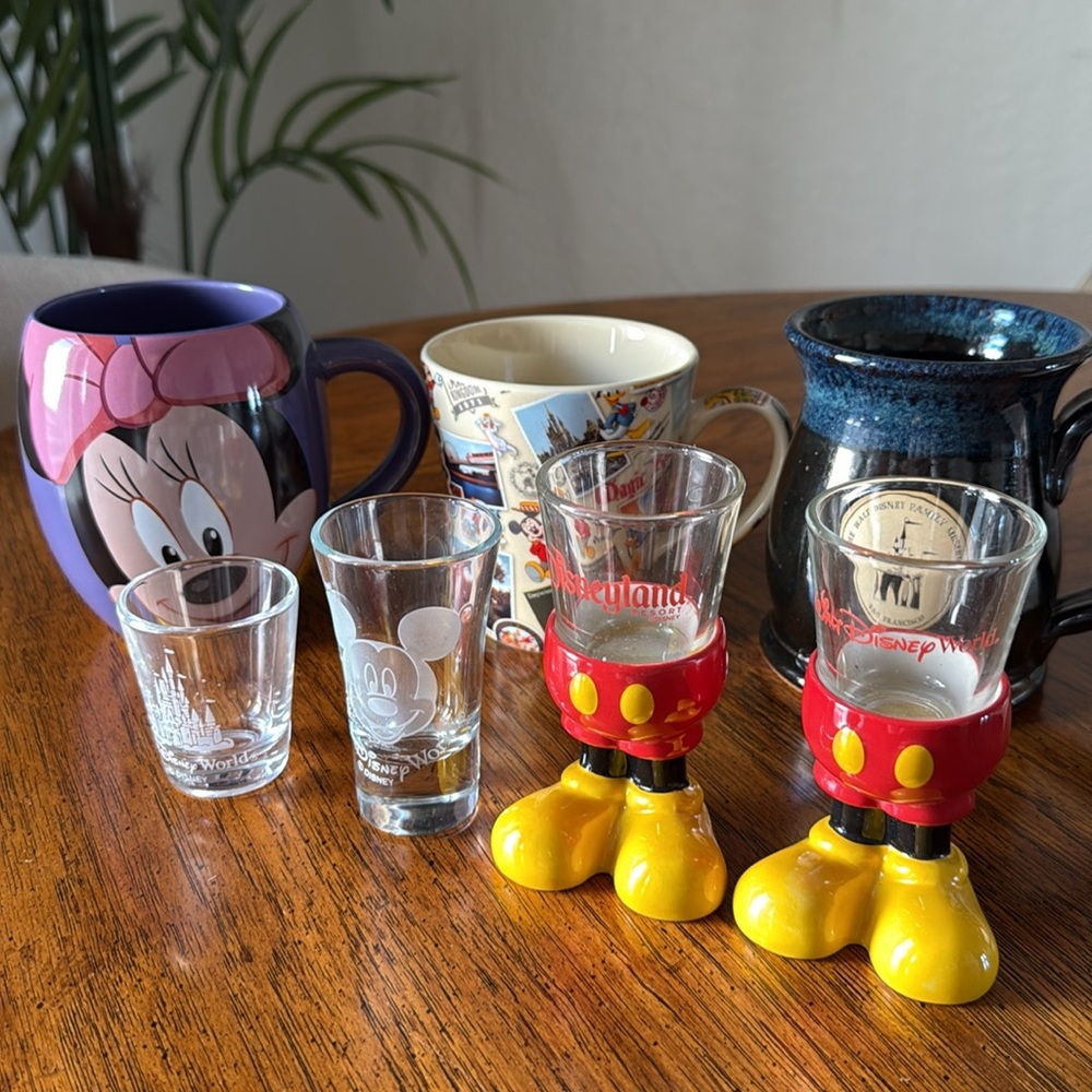 Disneyland and Walt Disney World Mickey Mouse Shot Glasses and coffee mug bundle